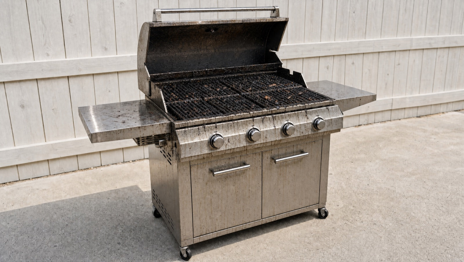 Filthy BBQ grill caked in burnt grease and char
